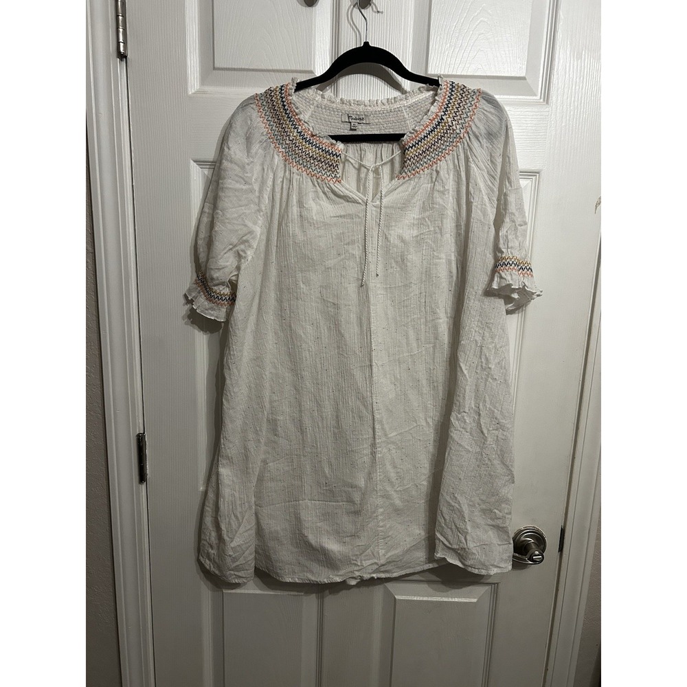 Madewell XL Rainbow Smocked Peasant Top Tunic W/ Slip white cotton Boho Beachy